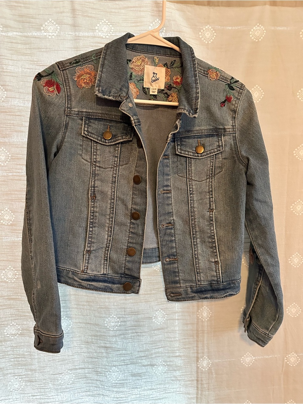 art class Embroidered Denim Jacket in Light Blue with Pastel Florals